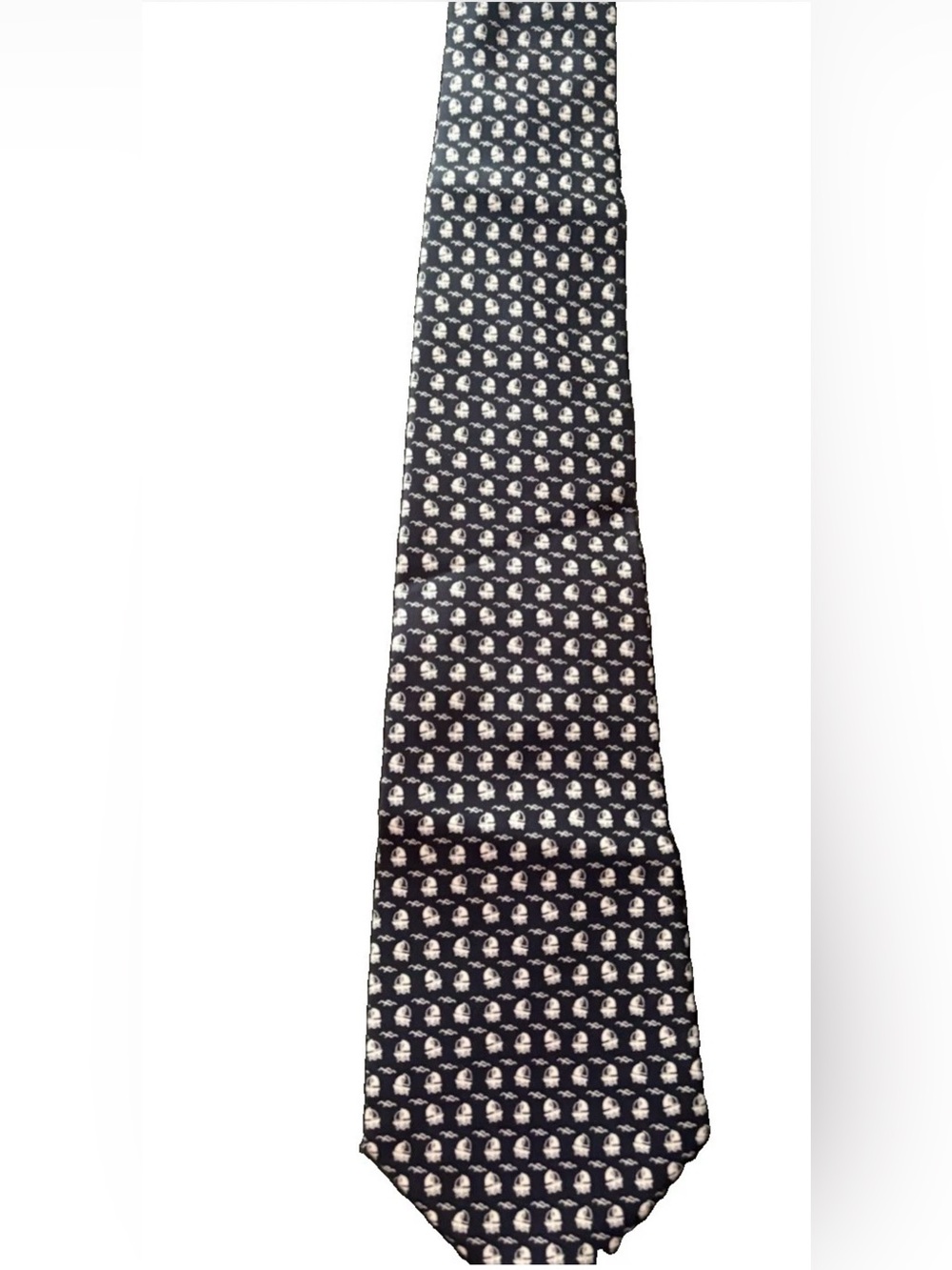 Salvatore Ferragamo Neck Tie Sailboats Print Black Silk Handmade Nautical